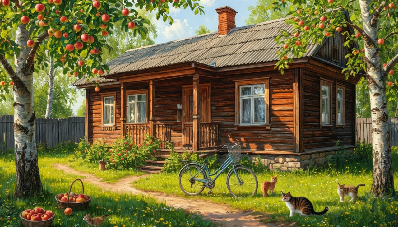 яблони берёзы дом в деревне кошки велосипед деревня